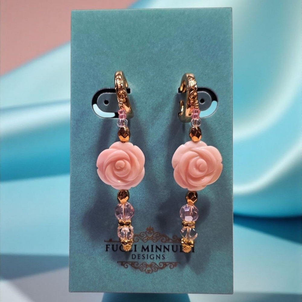 SALE!! Carved Shell Rosette , Crystal and gold Drop Earrings